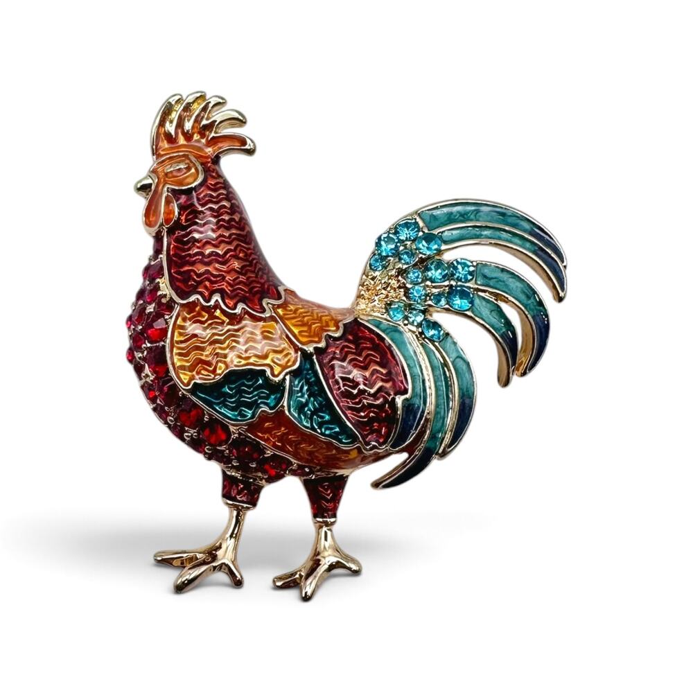 Vintage Napier Rooster Chicken Brooch Multicolor Enamel Rhinestone Gold Tone Pin